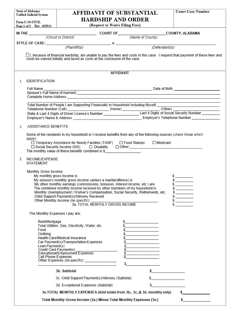 Affidavit of Substantial Hardship and Order {C-10-Civil} | Pdf Fpdf Docx | Alabama