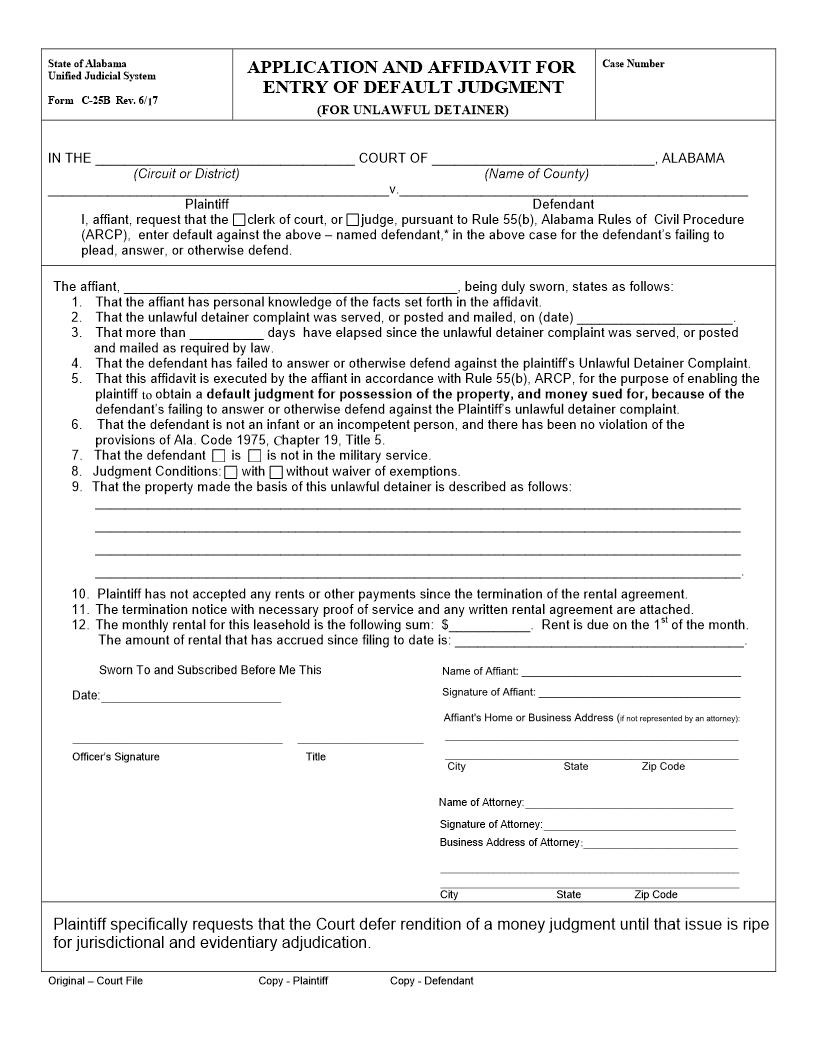 Application Affidavit And Entry Of Default Judgment Unlawful Detainer {C-25(B)} | Pdf Fpdf Doc Docx | Alabama