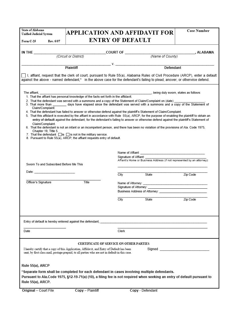 Application And Affidavit For Entry Of Default {C-25} | Pdf Fpdf Docx | Alabama