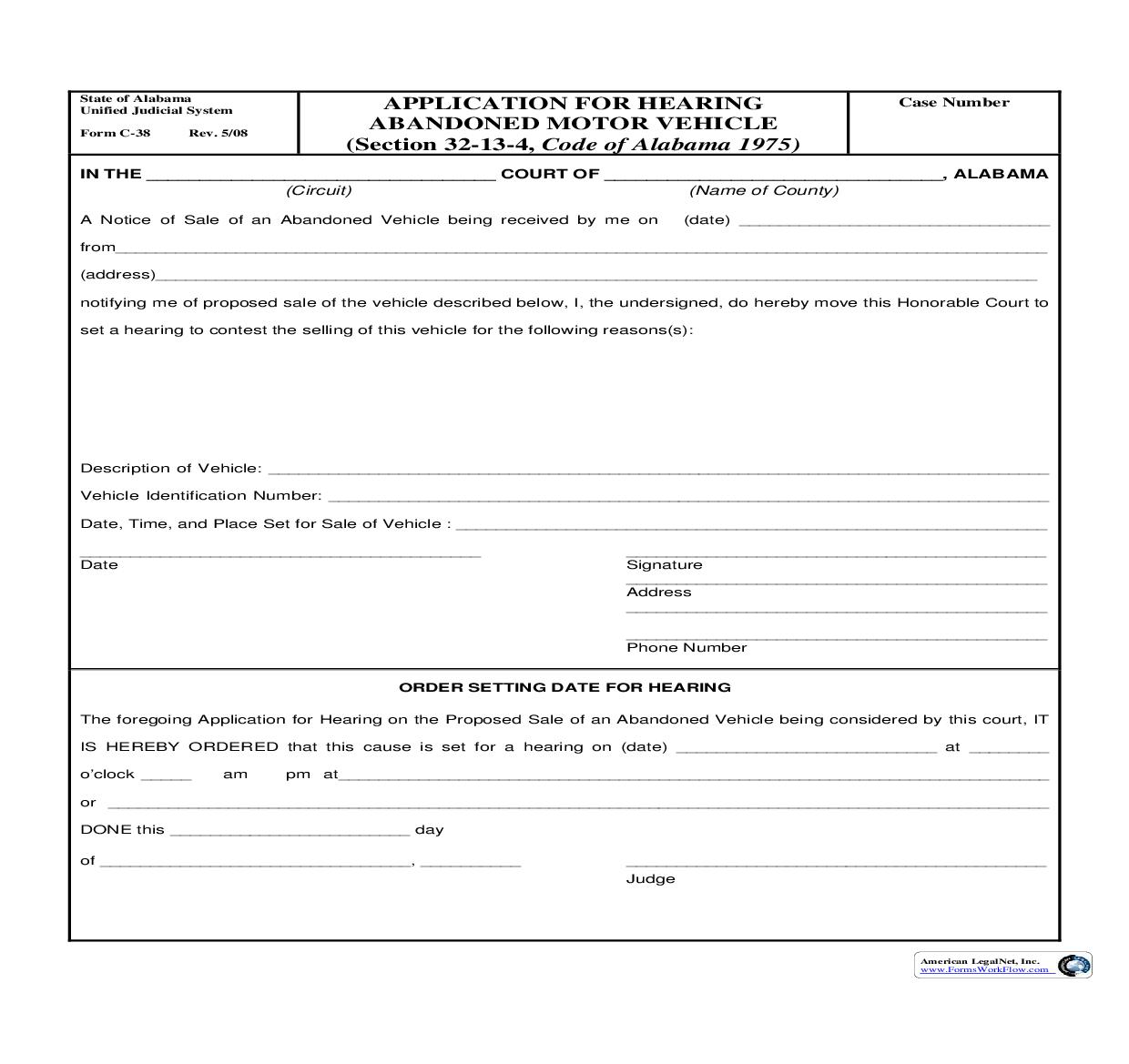 Application For Hearing Abandoned Motor Vehicle {C-38} | Pdf Fpdf Doc Docx | Alabama