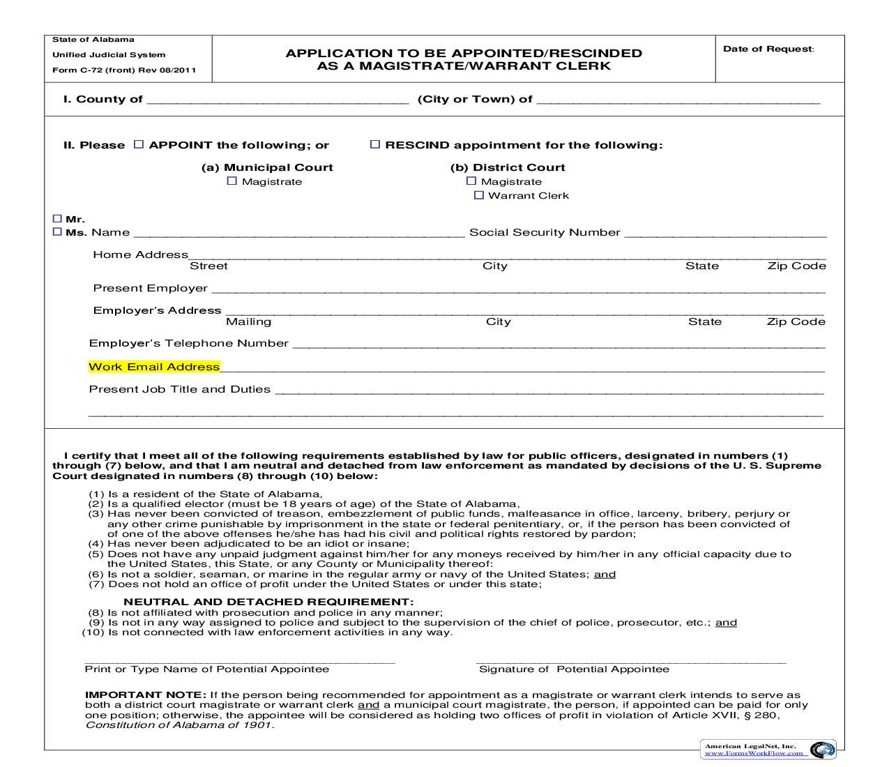 Application To Be Appointed Rescinded As A Magistrate Warrant Clerk {C-72} | Pdf Fpdf Doc Docx | Alabama