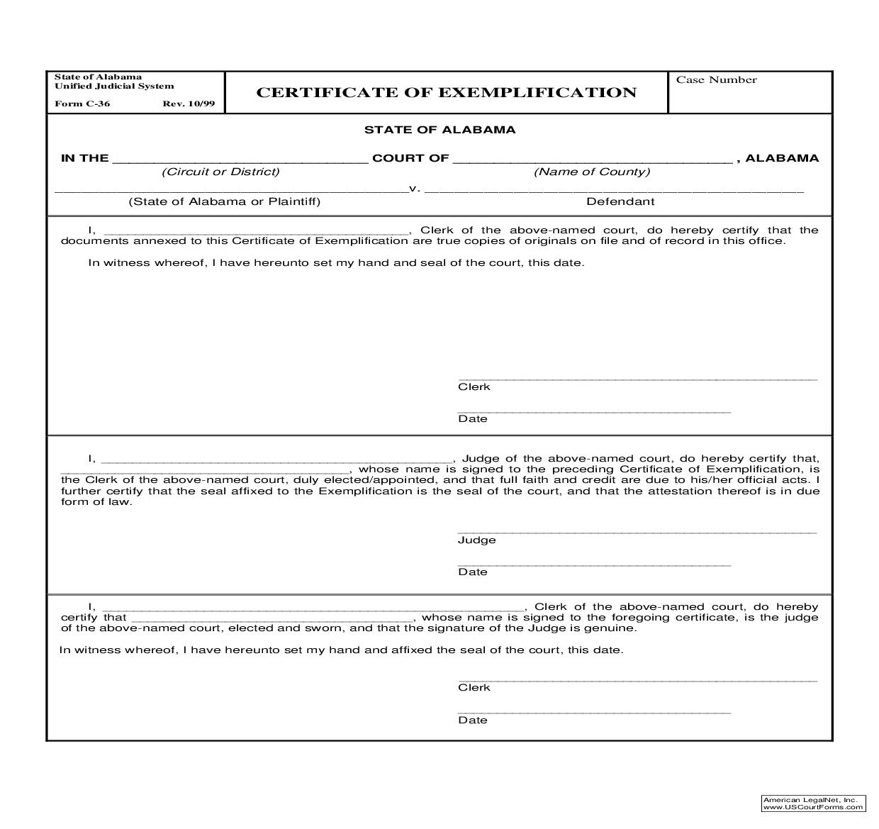 Certificate Of Exemplification {C-36} | Pdf Fpdf Doc Docx | Alabama