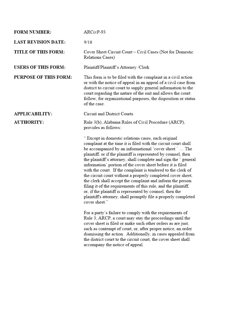 Civil Cover Sheet {ARCiv-93} | Pdf Fpdf Docx | Alabama