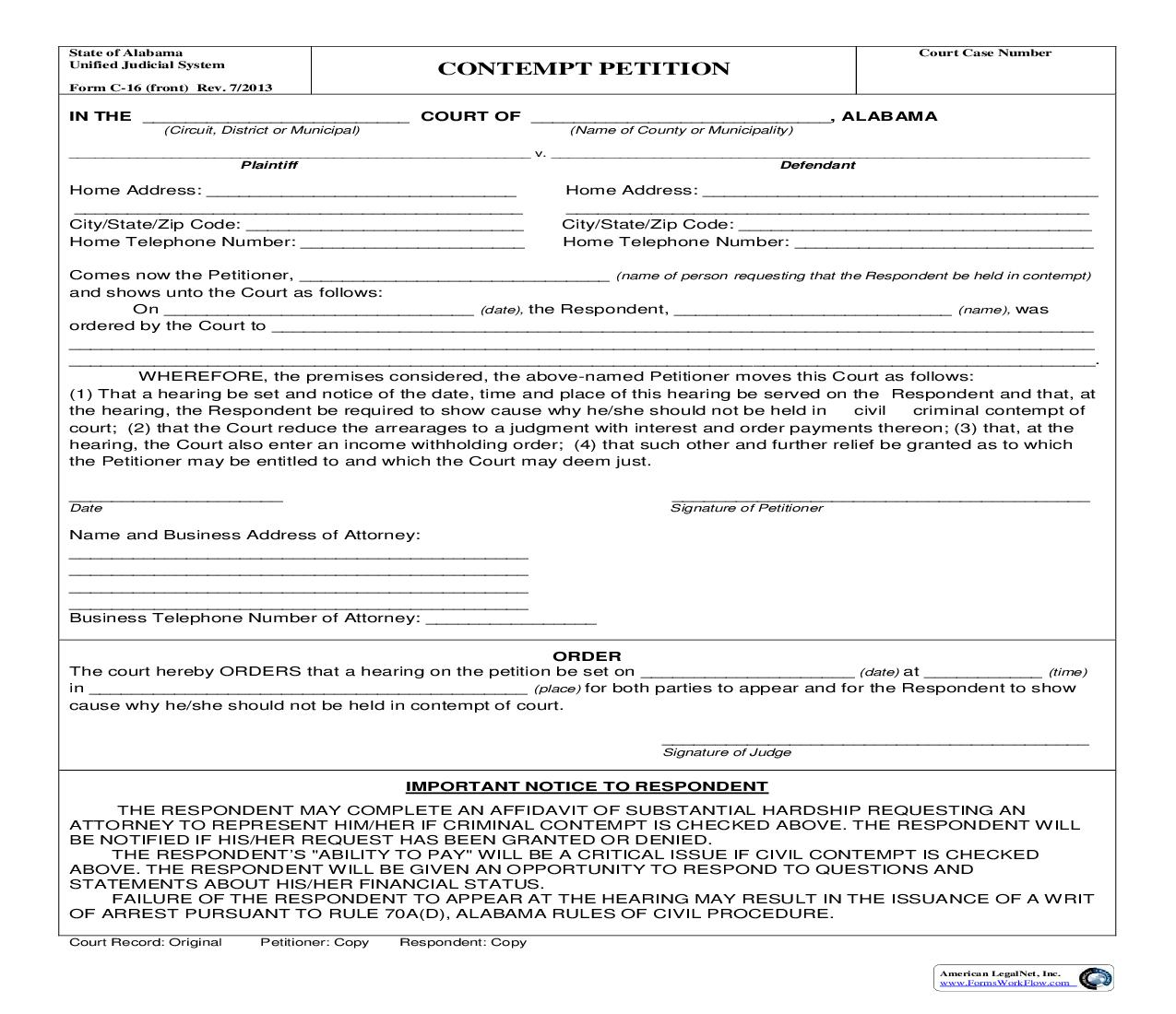 Contempt Petition {C-16} | Pdf Fpdf Doc Docx | Alabama