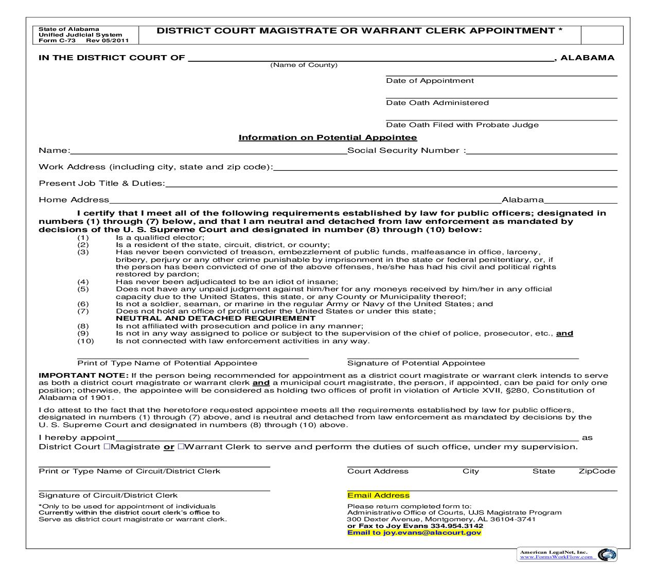 District Court Magistrate Or Warrant Clerk Appointment {C-73} | Pdf Fpdf Doc Docx | Alabama