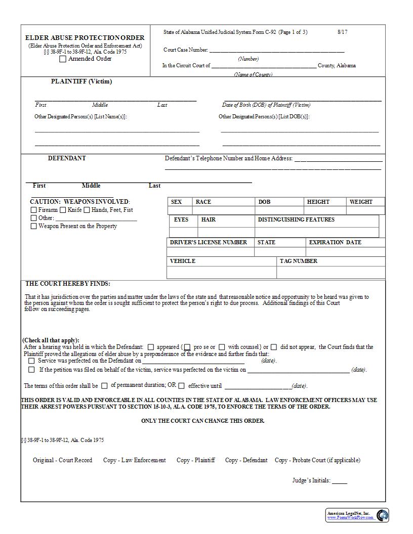 Elder Abuse Protection Order {C-92} | Pdf Fpdf Docx | Alabama