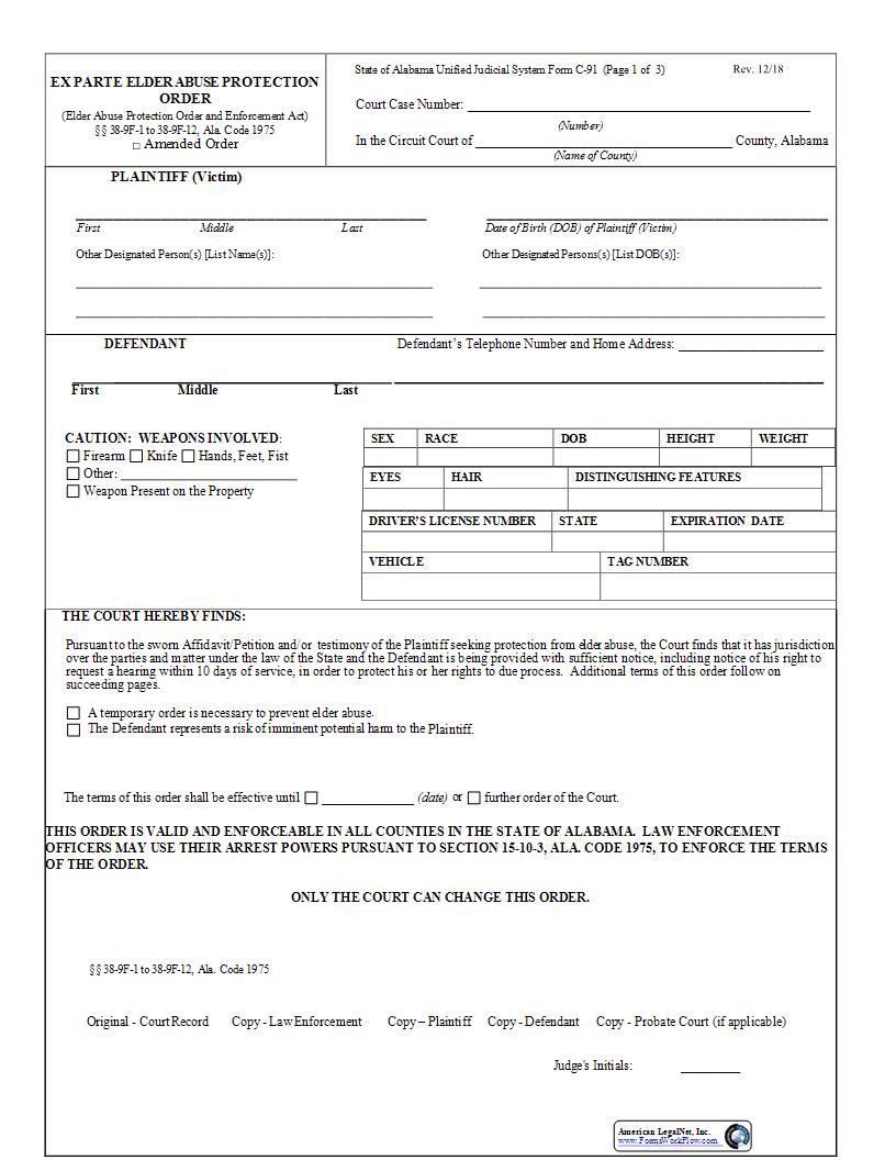 Ex Parte Elder Abuse Protection Order {C-91} | Pdf Fpdf Docx | Alabama