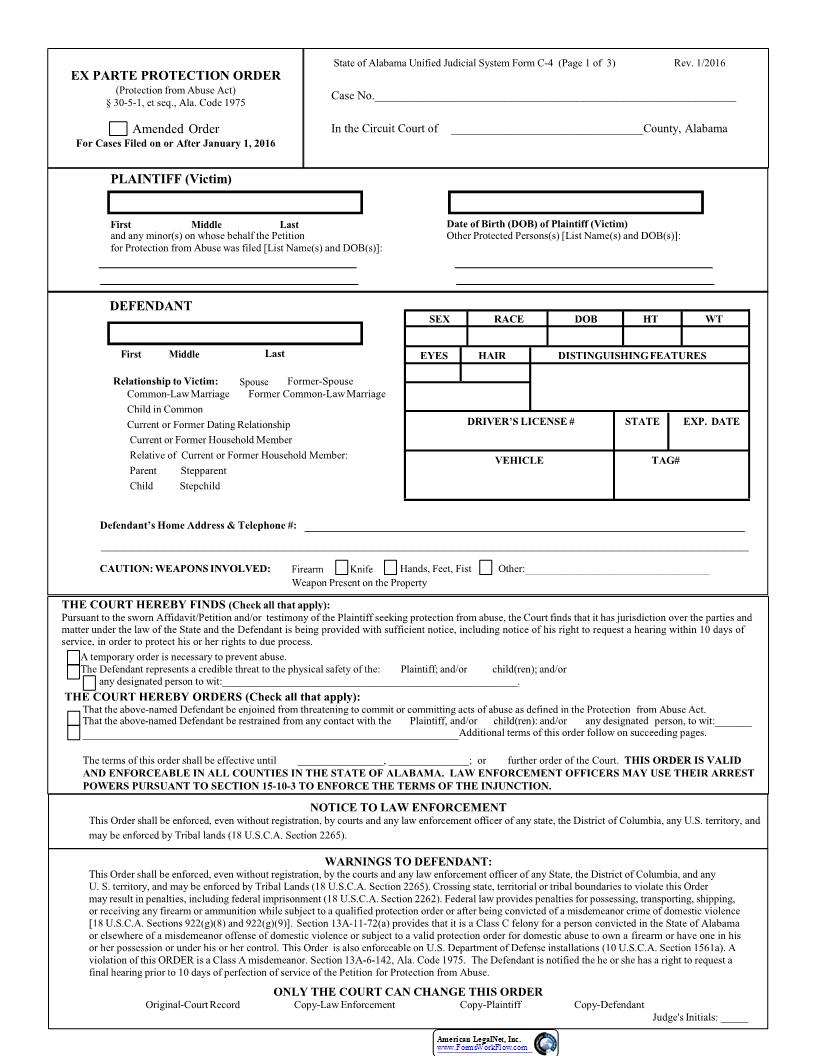 Ex Parte Protection Order {C4} | Pdf Fpdf Docx | Alabama