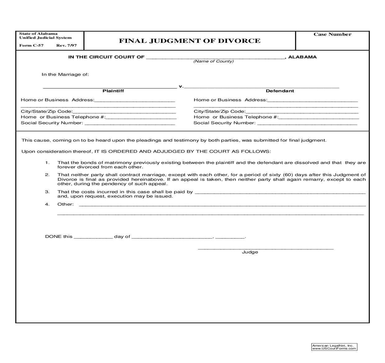 Final Judgment Of Divorce {C-57} | Pdf Fpdf Doc Docx | Alabama
