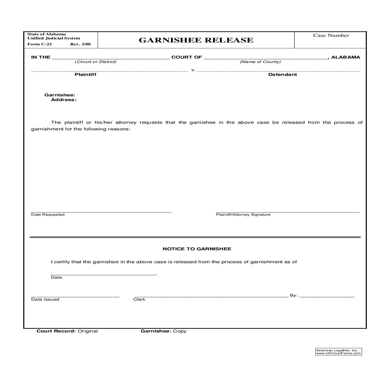 Garnishee Release {C-23} | Pdf Fpdf Doc Docx | Alabama