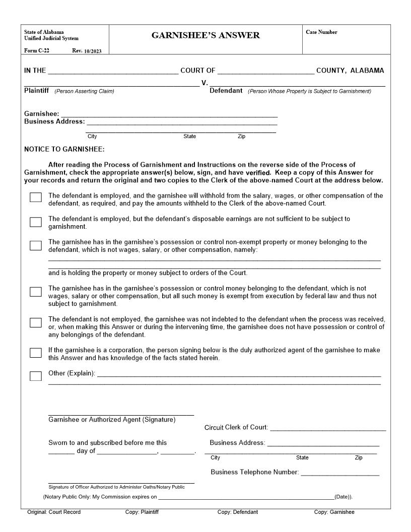 Garnishees Answer {C-22} | Pdf Fpdf Doc Docx | Alabama