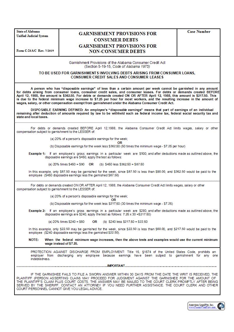 Garnishment Provisions For Consumer And Non Consumer Debts {C-24A-C} | Pdf Fpdf Docx | Alabama