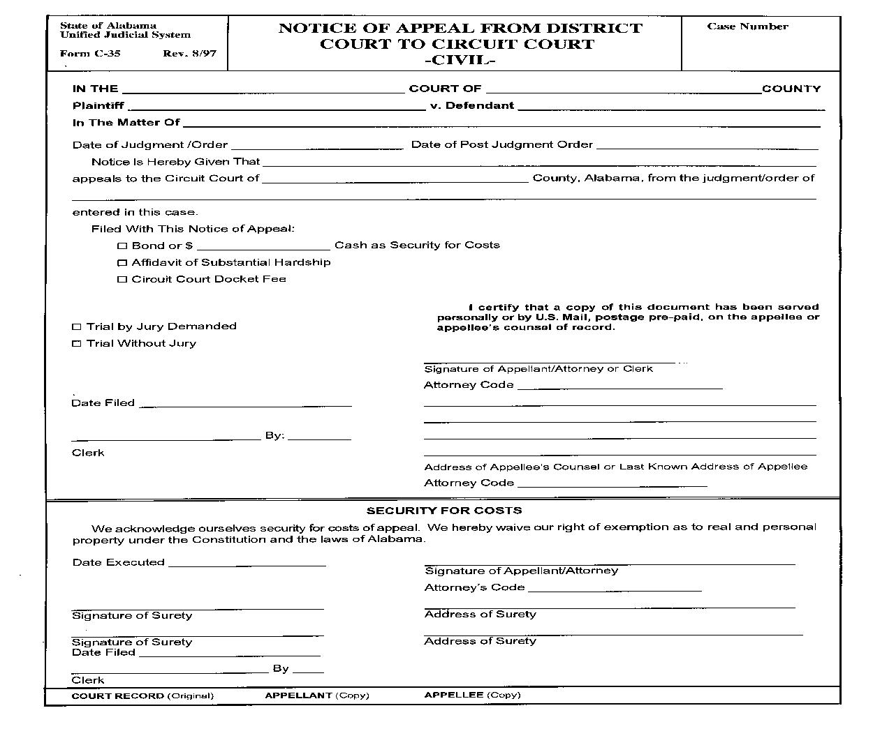 Notice Of Appeal From District Court To Circuit Court - Civil {C-35} | Pdf Fpdf Doc Docx | Alabama