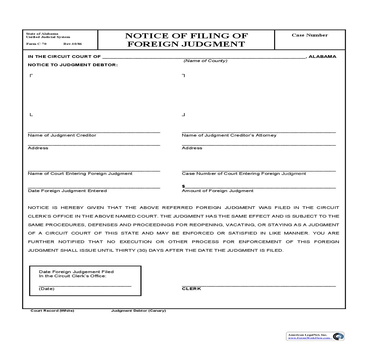 Notice Of Filing Of Foreign Judgment {C-70} | Pdf Fpdf Doc Docx | Alabama