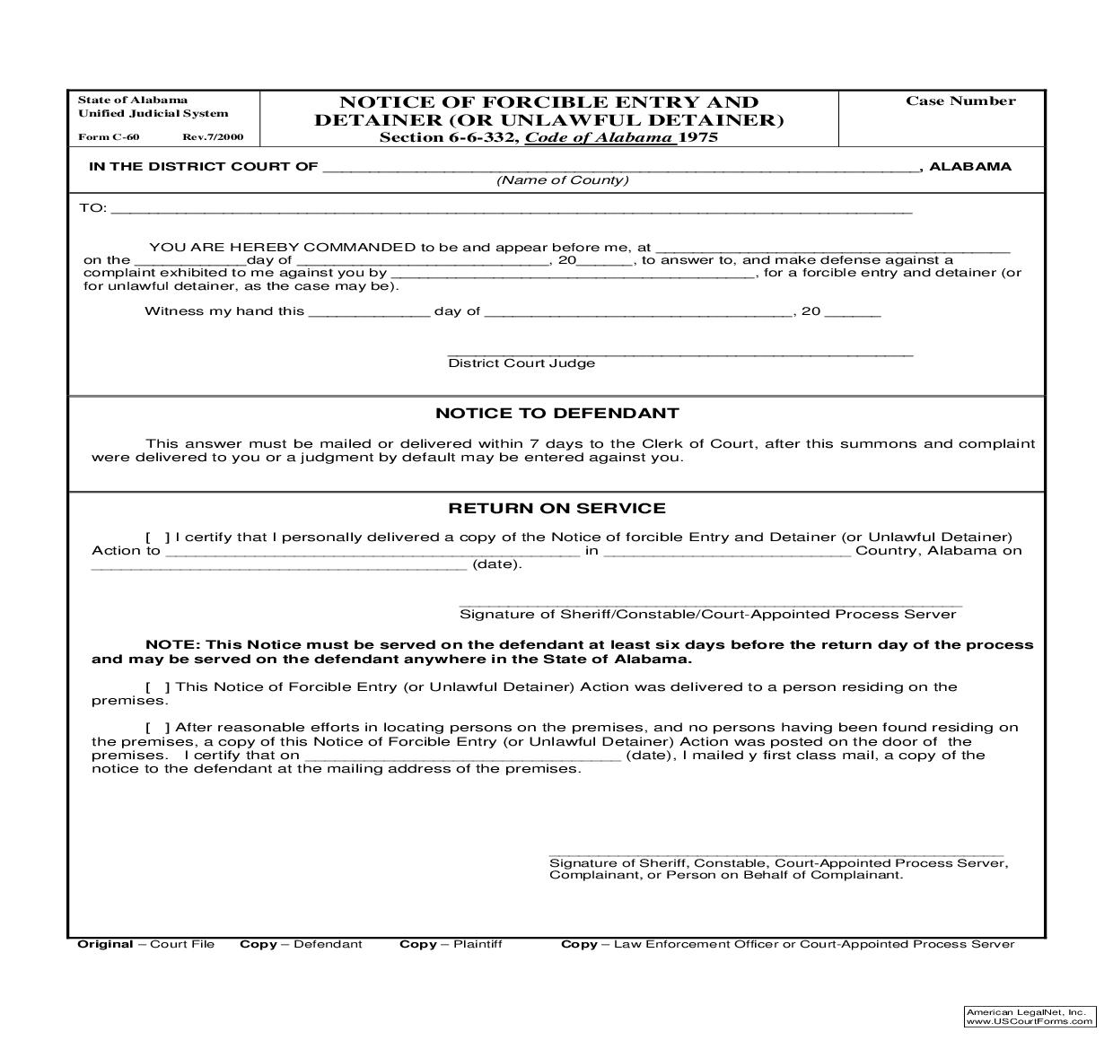 Notice Of Forcible Entry And Detainer (Or Unlawful Detainer) {C-60} | Pdf Fpdf Doc Docx | Alabama