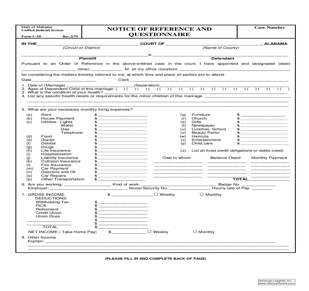 Notice Of Reference And Questionnaire {C-58} | Pdf Fpdf Doc Docx | Alabama