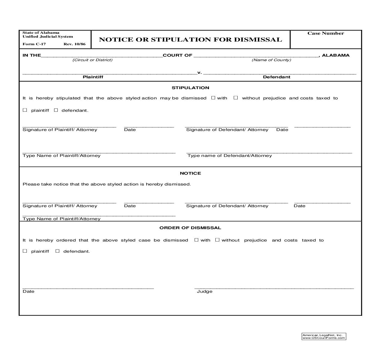 Notice Or Stipulation For Dismissal {C-17} | Pdf Fpdf Doc Docx | Alabama