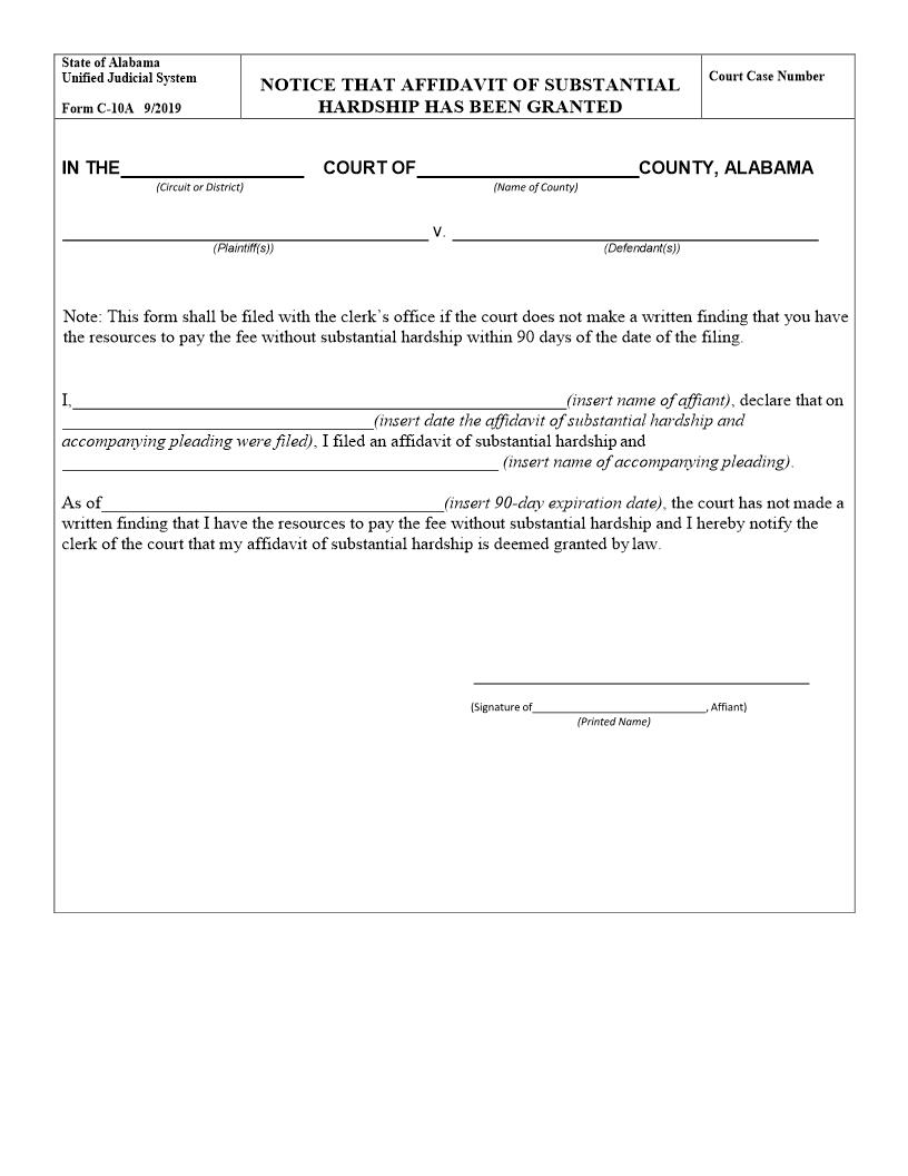 Notice That Affidavit of Substantial Hardship Has Been Granted {C-10A} | Pdf Fpdf Docx | Alabama