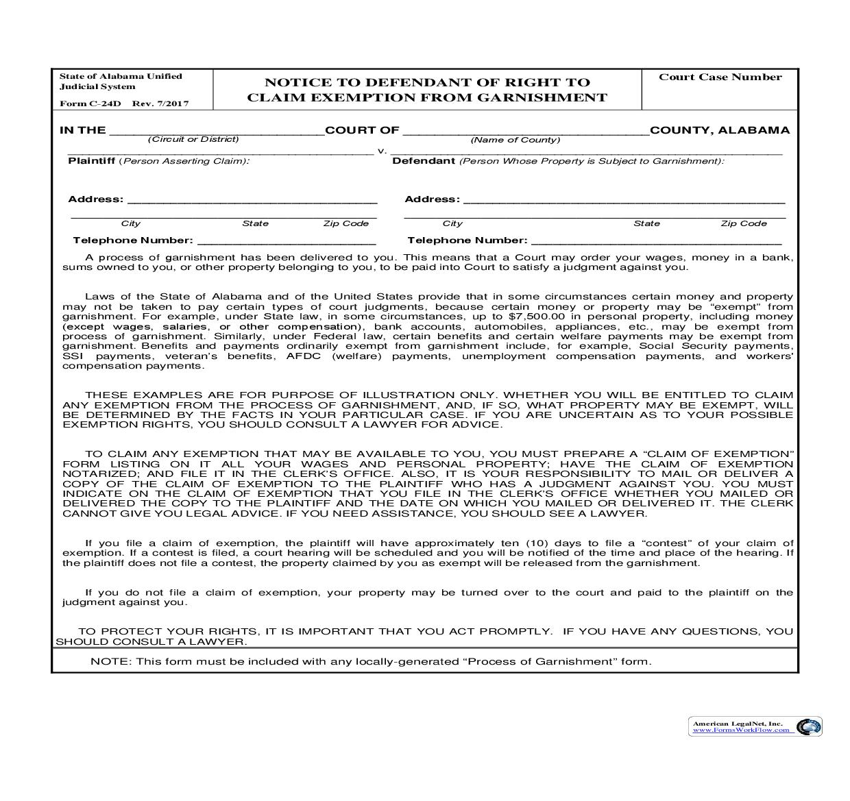 Notice To Defendant Of Right To Claim Exemption From Garnishment {C-24D} | Pdf Fpdf Doc Docx | Alabama