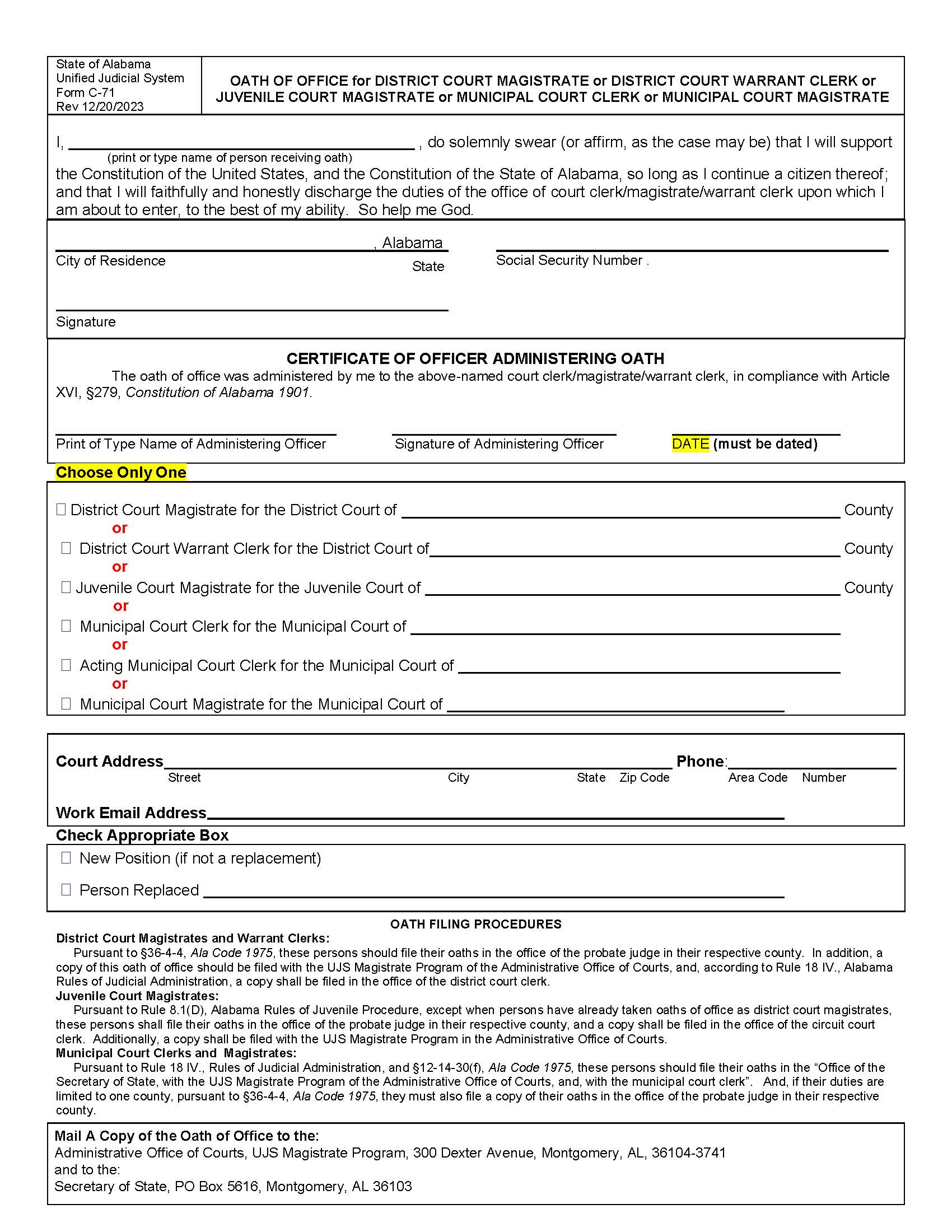 Oath Of Office For Municipal Court Clerk Or Municipal Magistrate Or District Court Magistrate {C-71} | Pdf Fpdf Doc Docx | Alabama