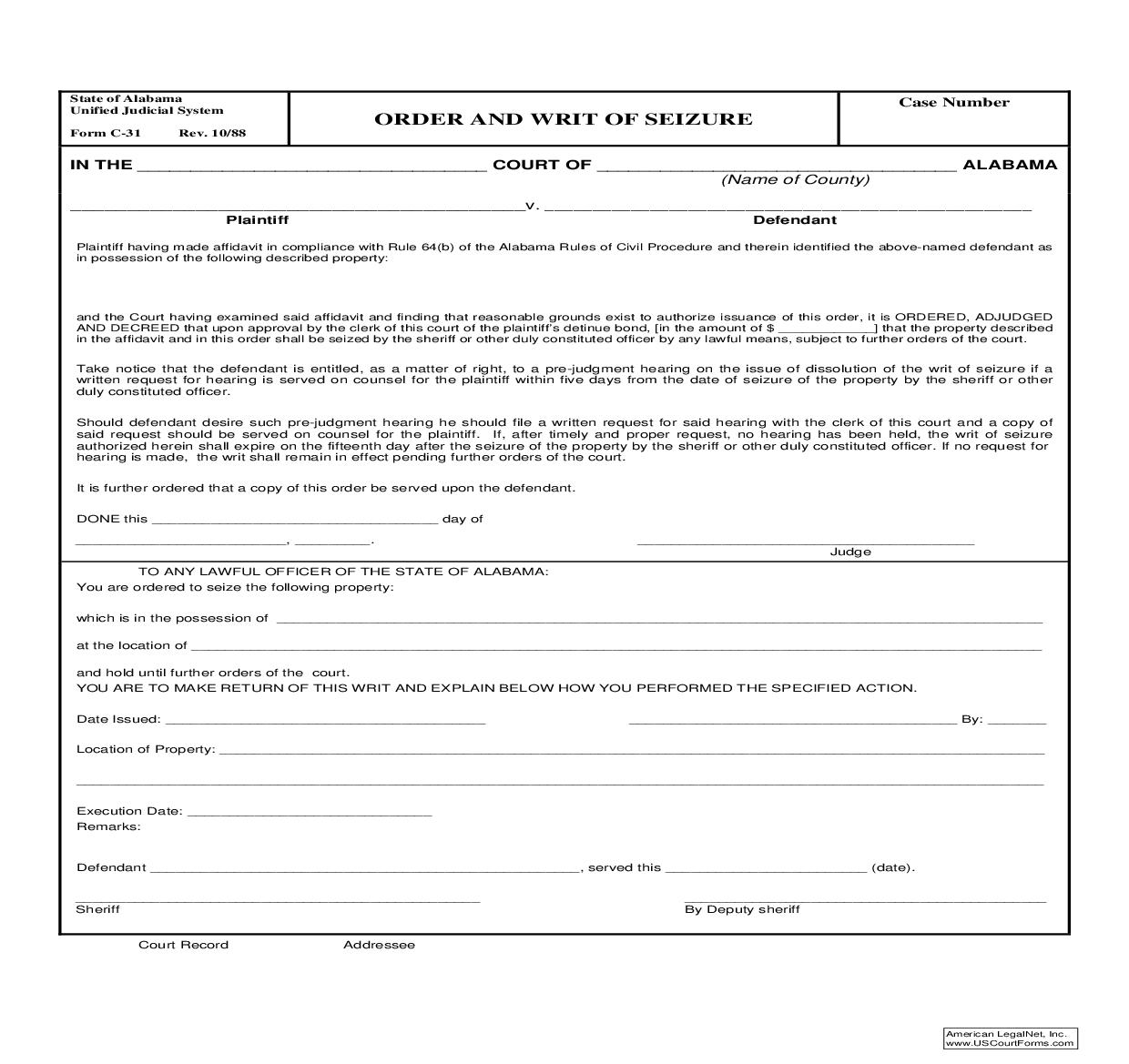 Order And Writ Of Seizure {C-31} | Pdf Fpdf Doc Docx | Alabama
