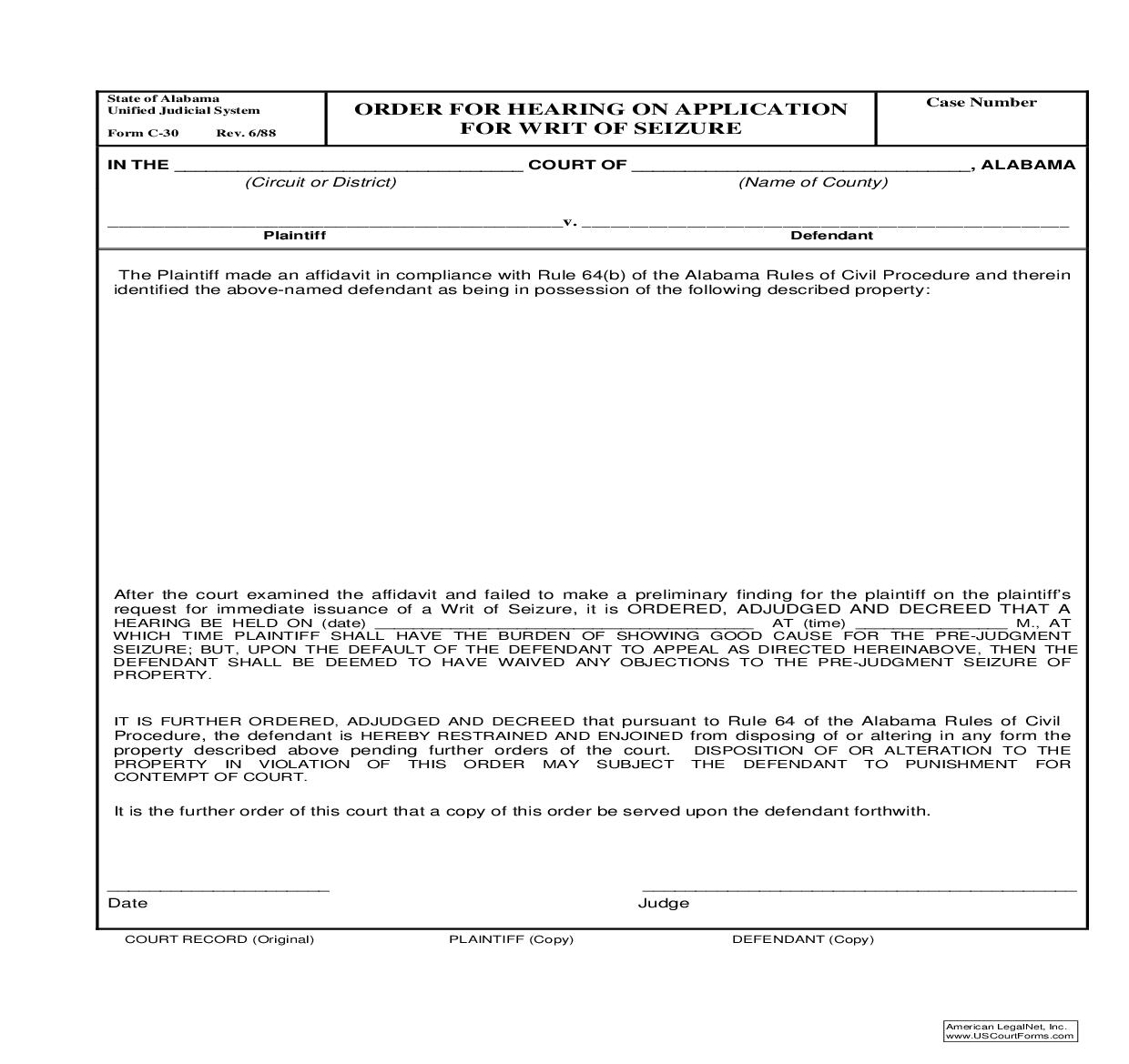 Order For Hearing On Application For Writ Of Seizure {C-30} | Pdf Fpdf Doc Docx | Alabama