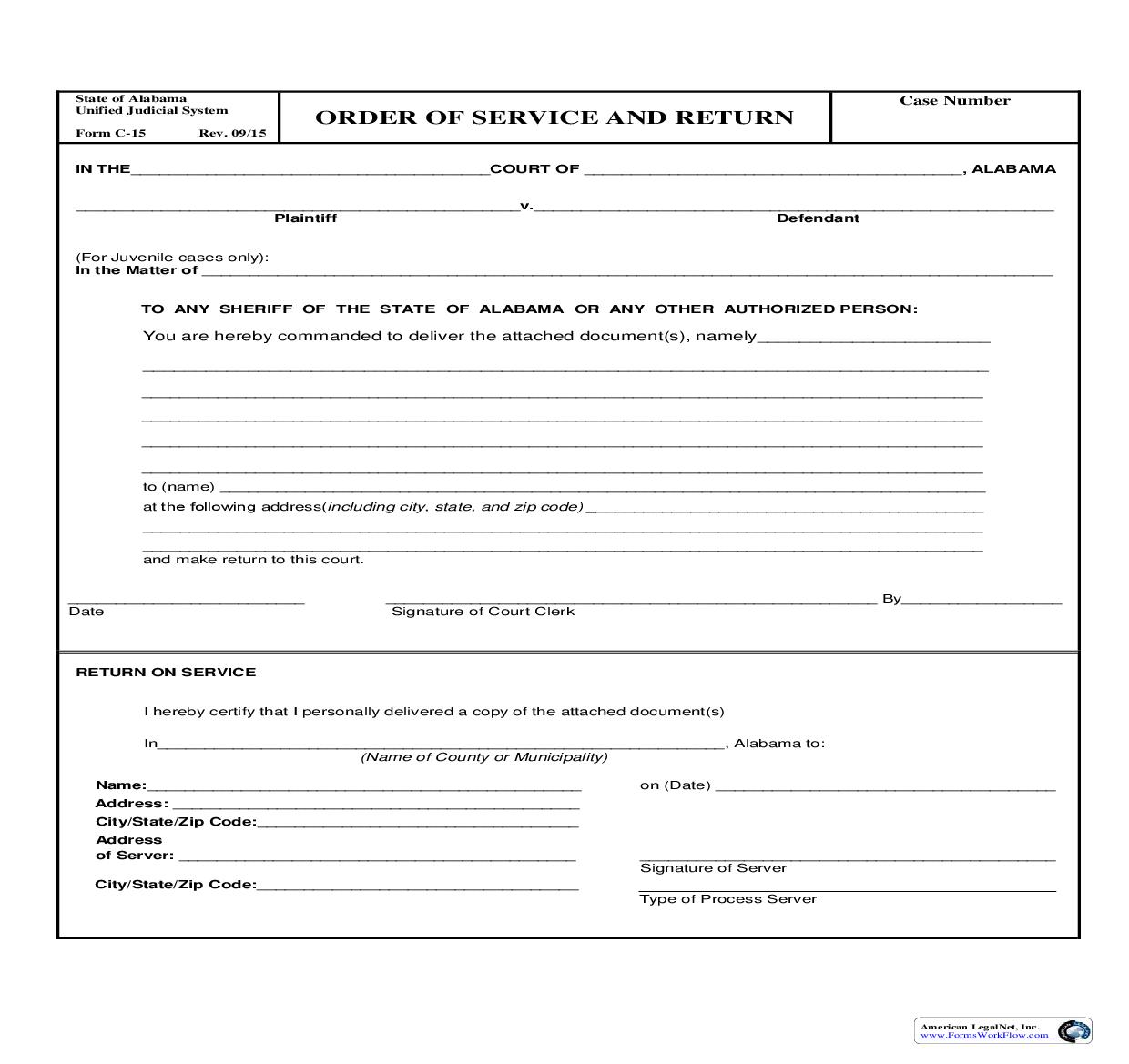 Order Of Service And Return {C-15} | Pdf Fpdf Doc Docx | Alabama