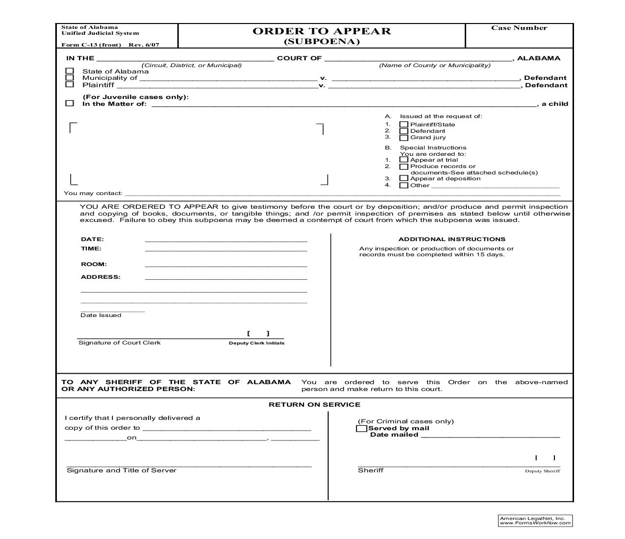 Order To Appear Subpoena {C-13} | Pdf Fpdf Doc Docx | Alabama