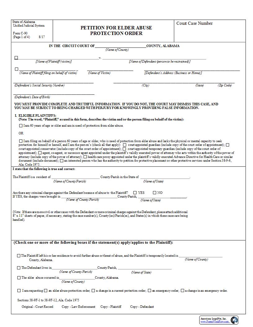 Petition For Elder Abuse Protection Order {C-90} | Pdf Fpdf Docx | Alabama
