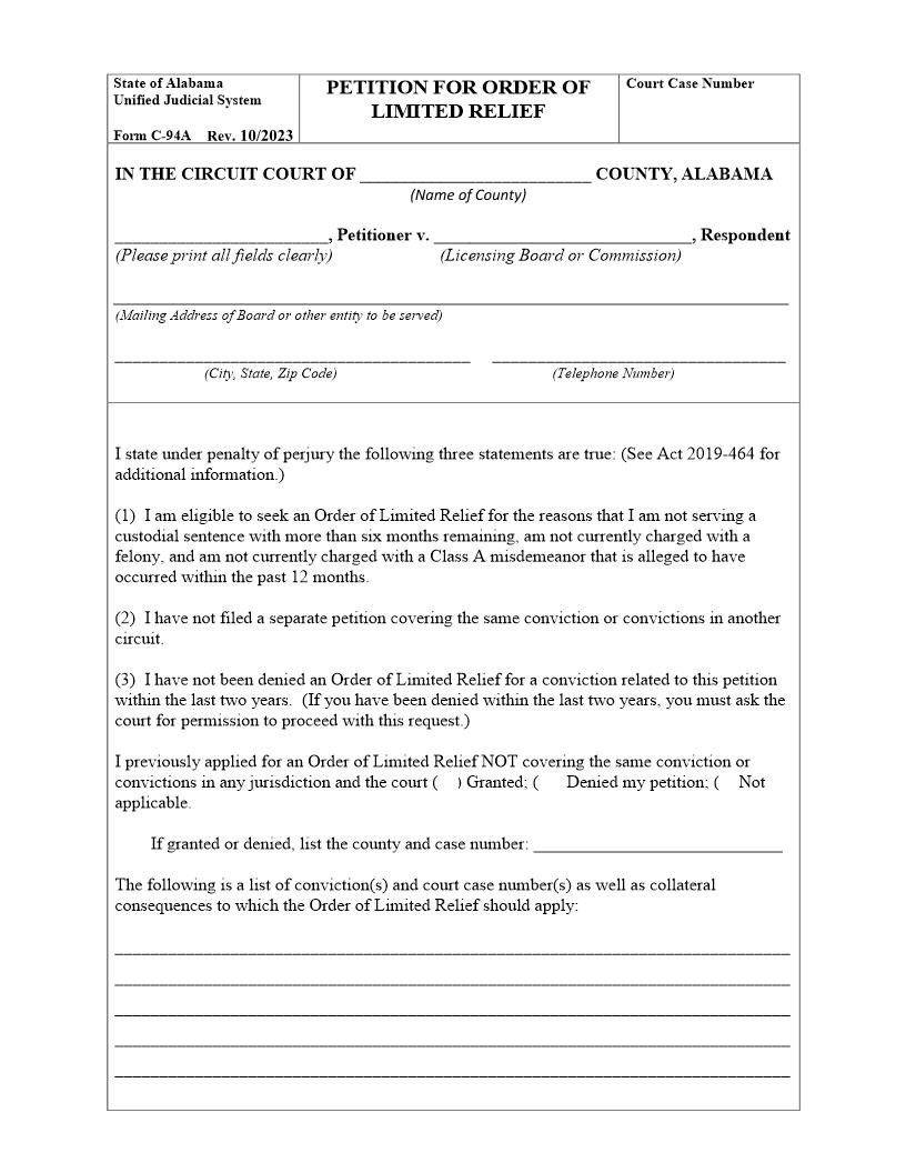 Petition For Order Of Limited Relief {C94-A} | Pdf Fpdf Docx | Alabama