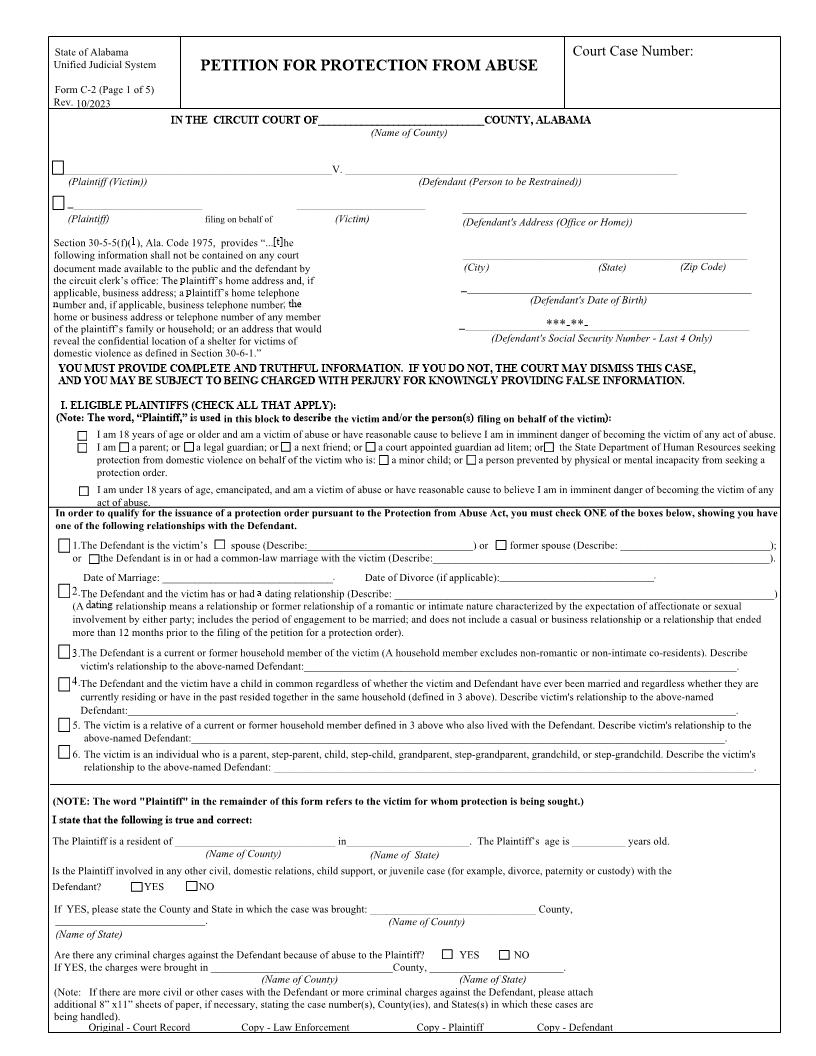 Petition For Protection From Abuse {C-2}  | Pdf Fpdf Docx | Alabama
