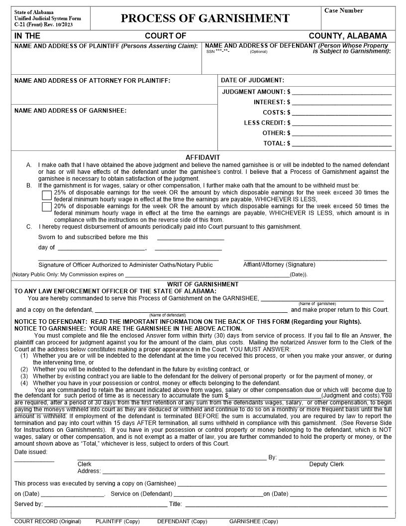 Process Of Garnishment {C-21} | Pdf Fpdf Doc Docx | Alabama