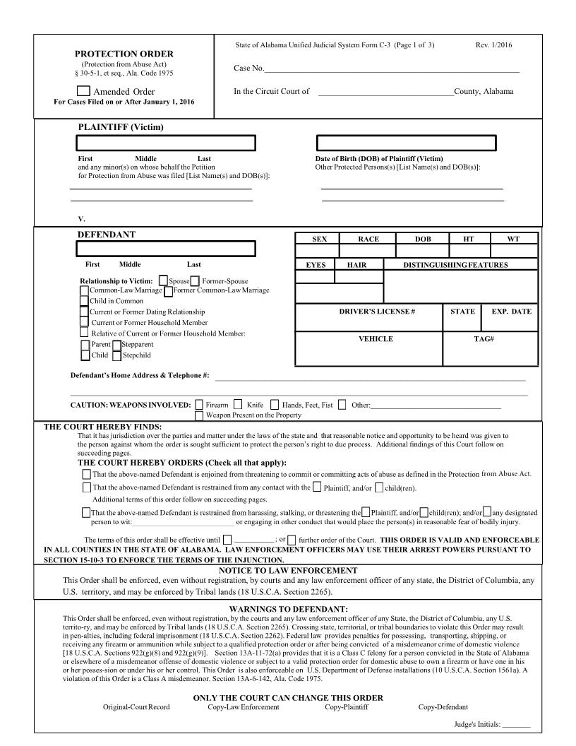 Protection Order {C3} | Pdf Fpdf Docx | Alabama
