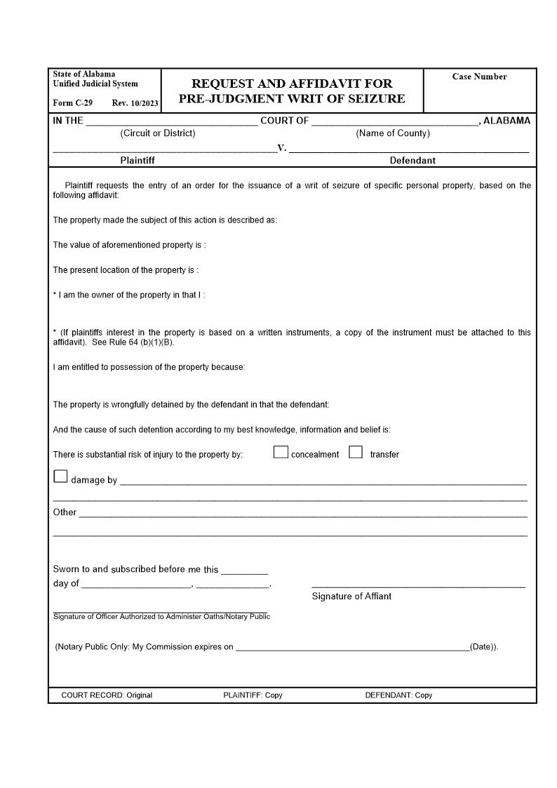 Request And Affidavit For Prejudgment Writ Of Seizure {C-29} | Pdf Fpdf Doc Docx | Alabama