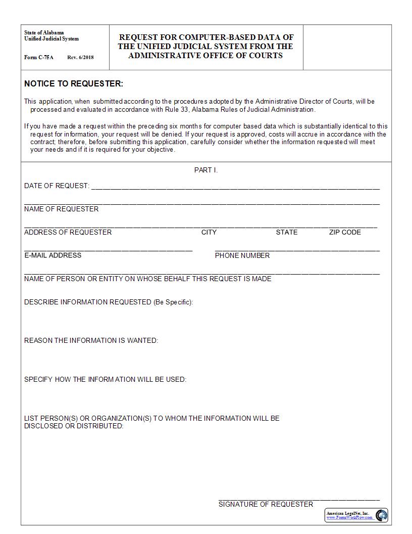 Request For Computer Based Data Of Unified Judicial System From Administrative Office Of Courts {C-75A} | Pdf Fpdf Docx | Alabama