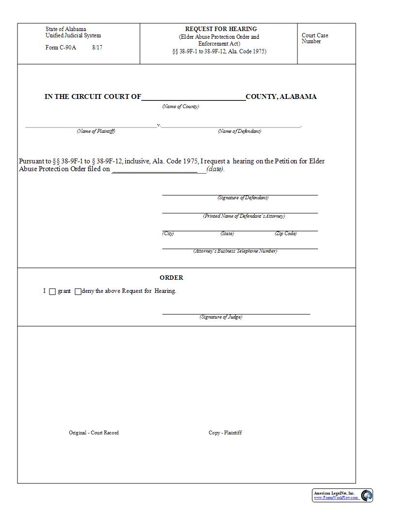 Request For Hearing Elder Abuse Protection and Enforcement Act {C-90A} | Pdf Fpdf Docx | Alabama