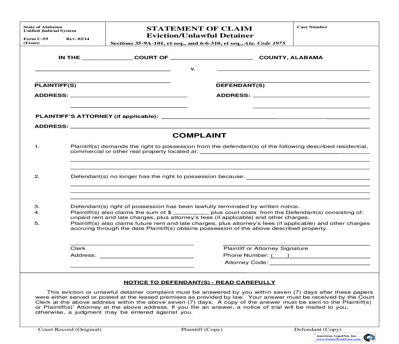 Statement Of Claim (Complaint) Unlawful Detainer {C-59} | Pdf Fpdf Doc Docx | Alabama