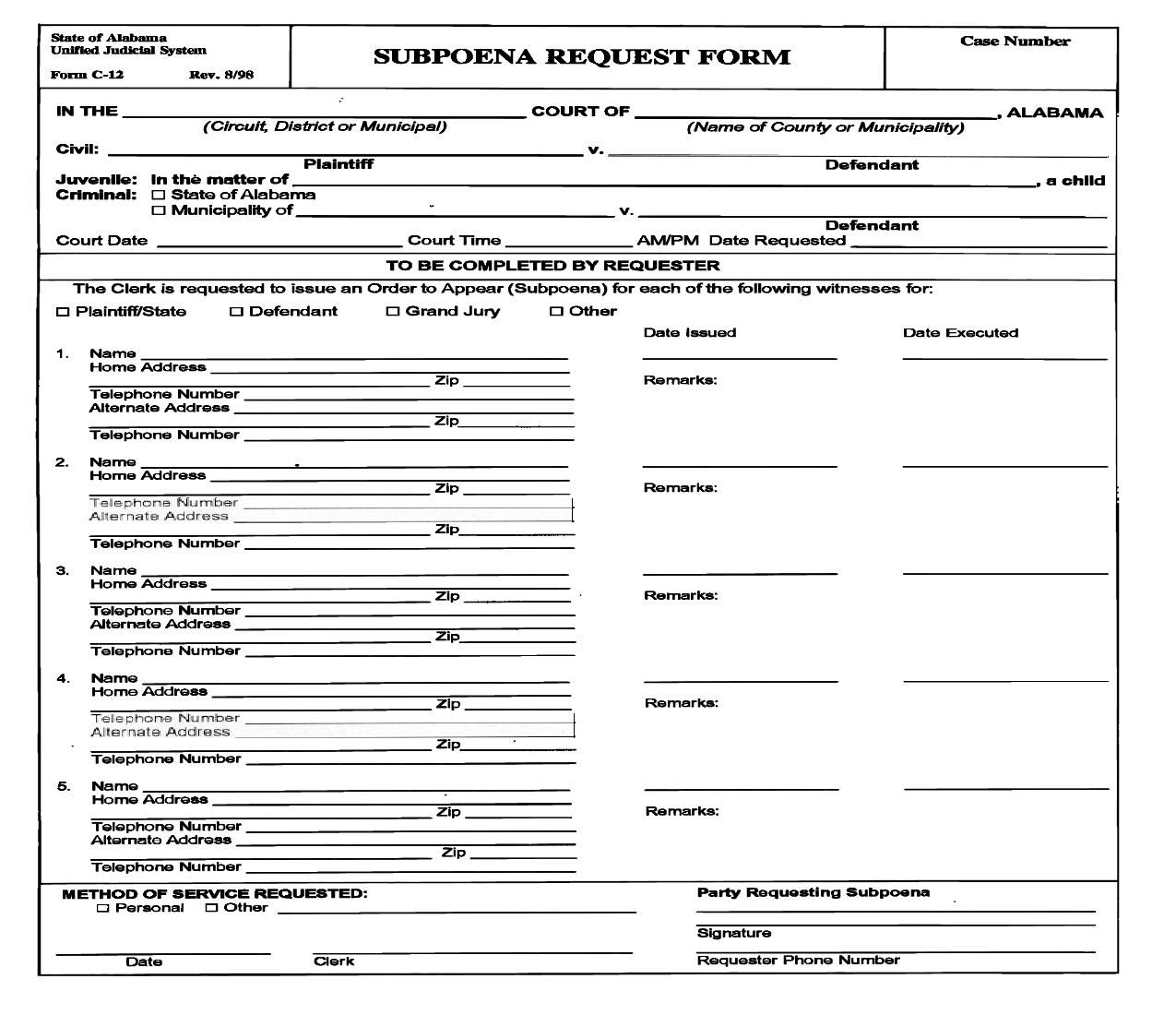 Subpoena Request Form {C-12} | Pdf Fpdf Doc Docx | Alabama