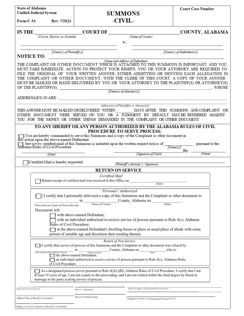 Summons - Civil {C-34} | Pdf Fpdf Doc Docx | Alabama