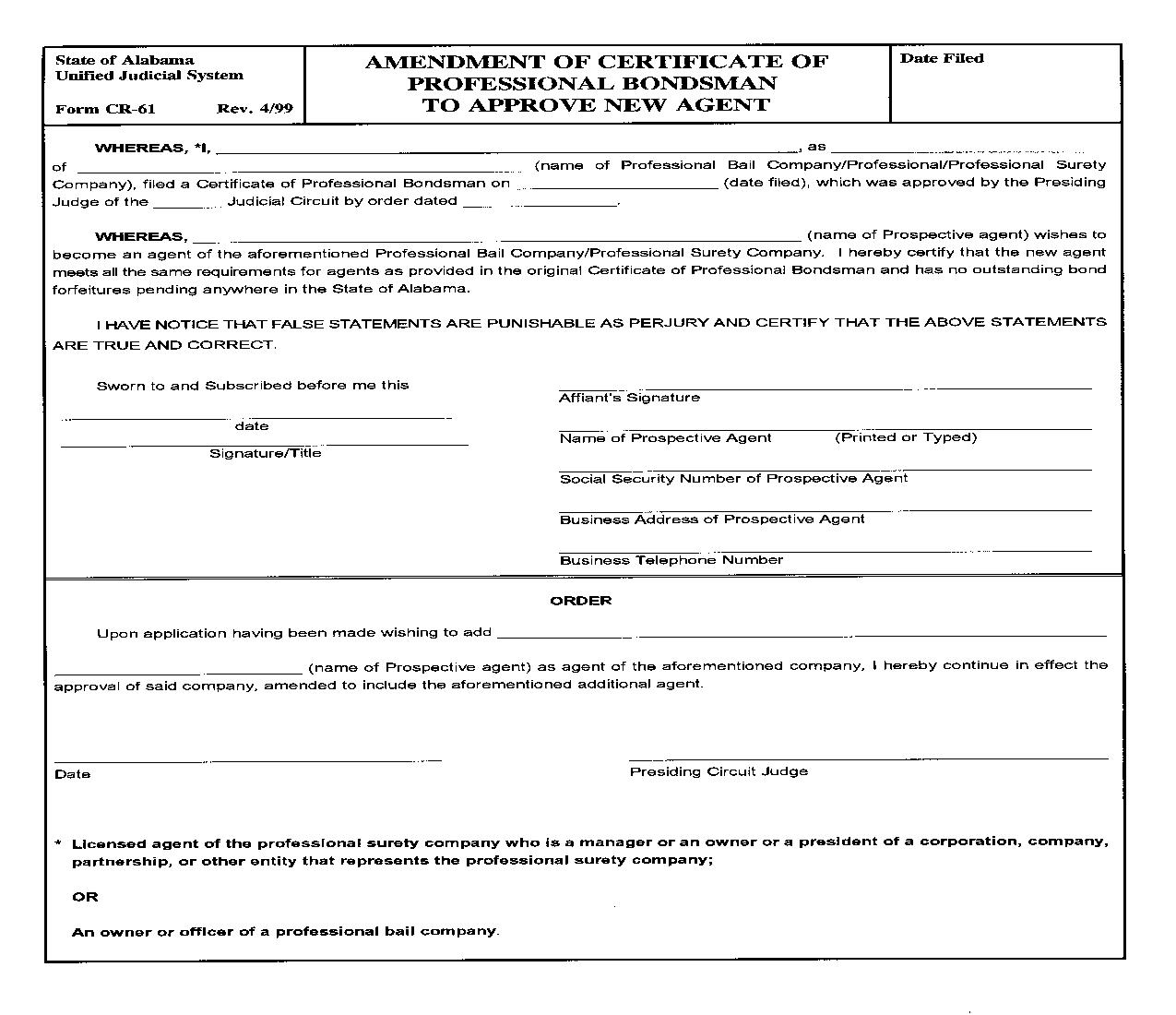 Amendment Of Certificate Of Professional Bondsman To Approve New Agent {CR-61} | Pdf Fpdf Doc Docx | Alabama