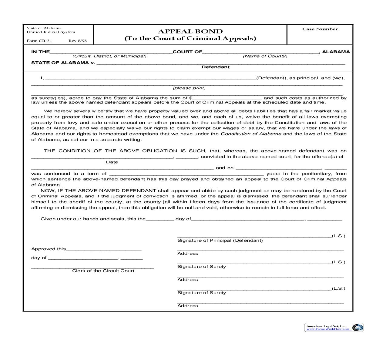 Appeal Bond (To Court Of Criminal Appeals) {CR-31} | Pdf Fpdf Doc Docx | Alabama