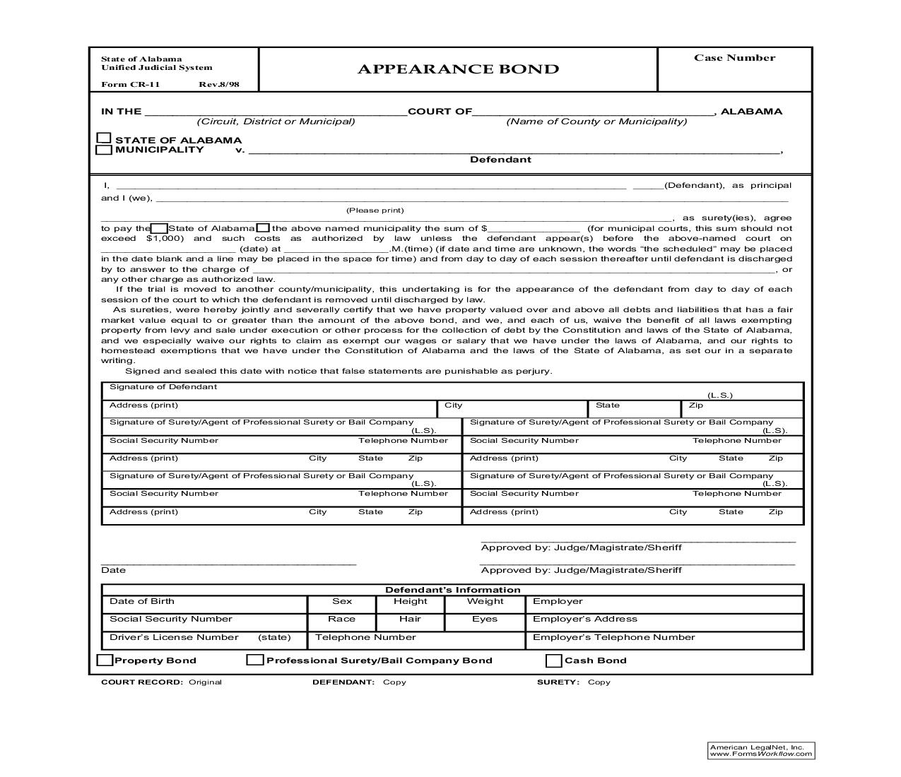 Appearance Bond {CR-11} | Pdf Fpdf Doc Docx | Alabama