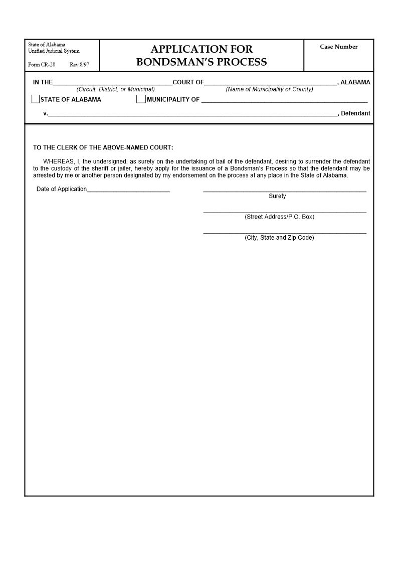 Application For Bondsmans Process {CR-28} | Pdf Fpdf Doc Docx | Alabama