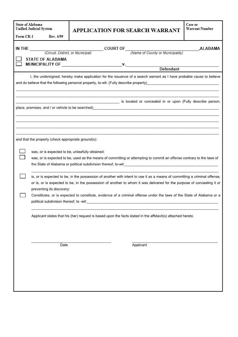 Application For Search Warrant {CR-01} | Pdf Fpdf Doc Docx | Alabama