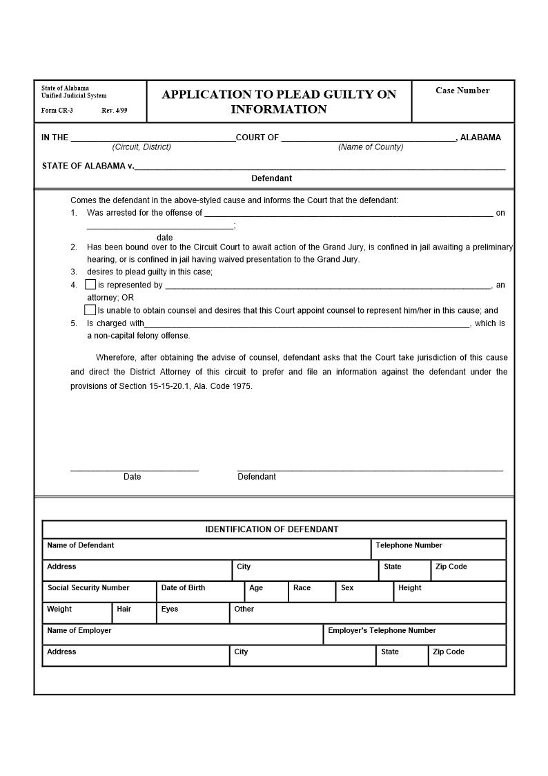Application To Plead Guilty On Information {CR-03} | Pdf Fpdf Doc Docx | Alabama
