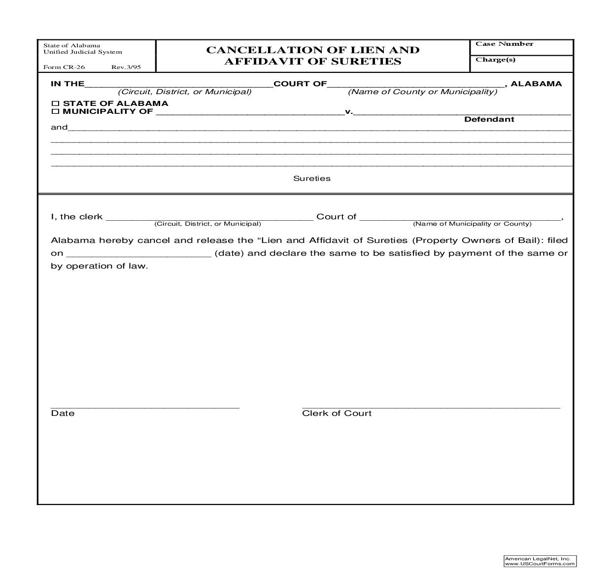 Cancellation Of Lien And Affidavit Of Sureties {CR-26} | Pdf Fpdf Doc Docx | Alabama