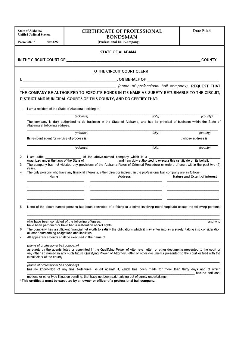 Certificate Of Professional Bondsman (Professional Bail Company) {CR-13} | Pdf Fpdf Doc Docx | Alabama