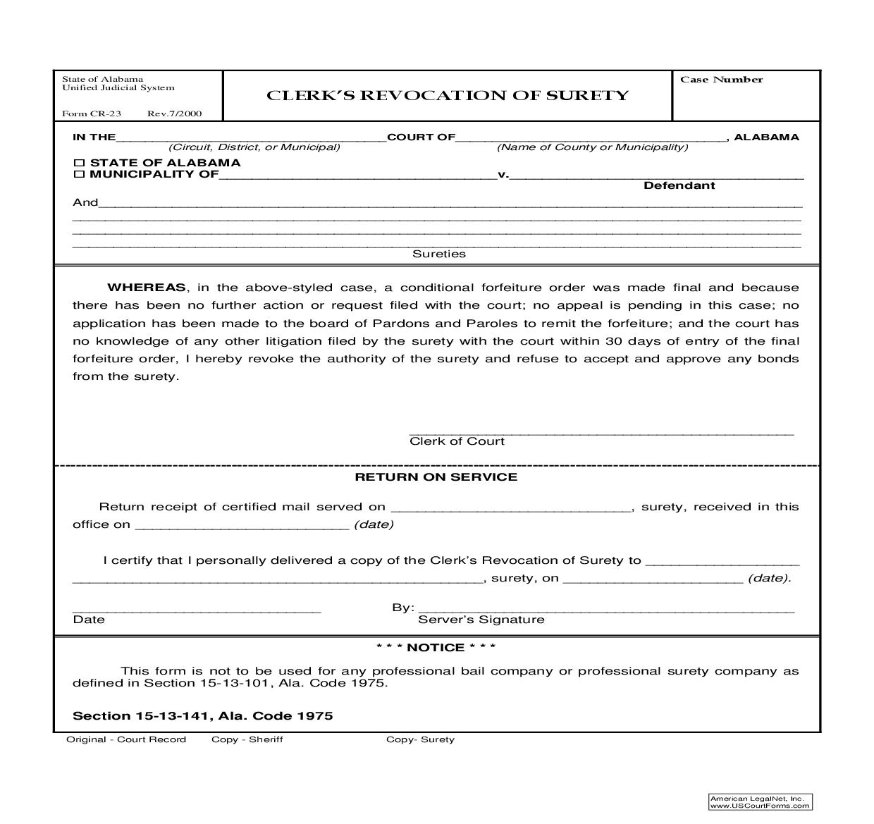 Clerks Revocation Of Surety {CR-23} | Pdf Fpdf Doc Docx | Alabama