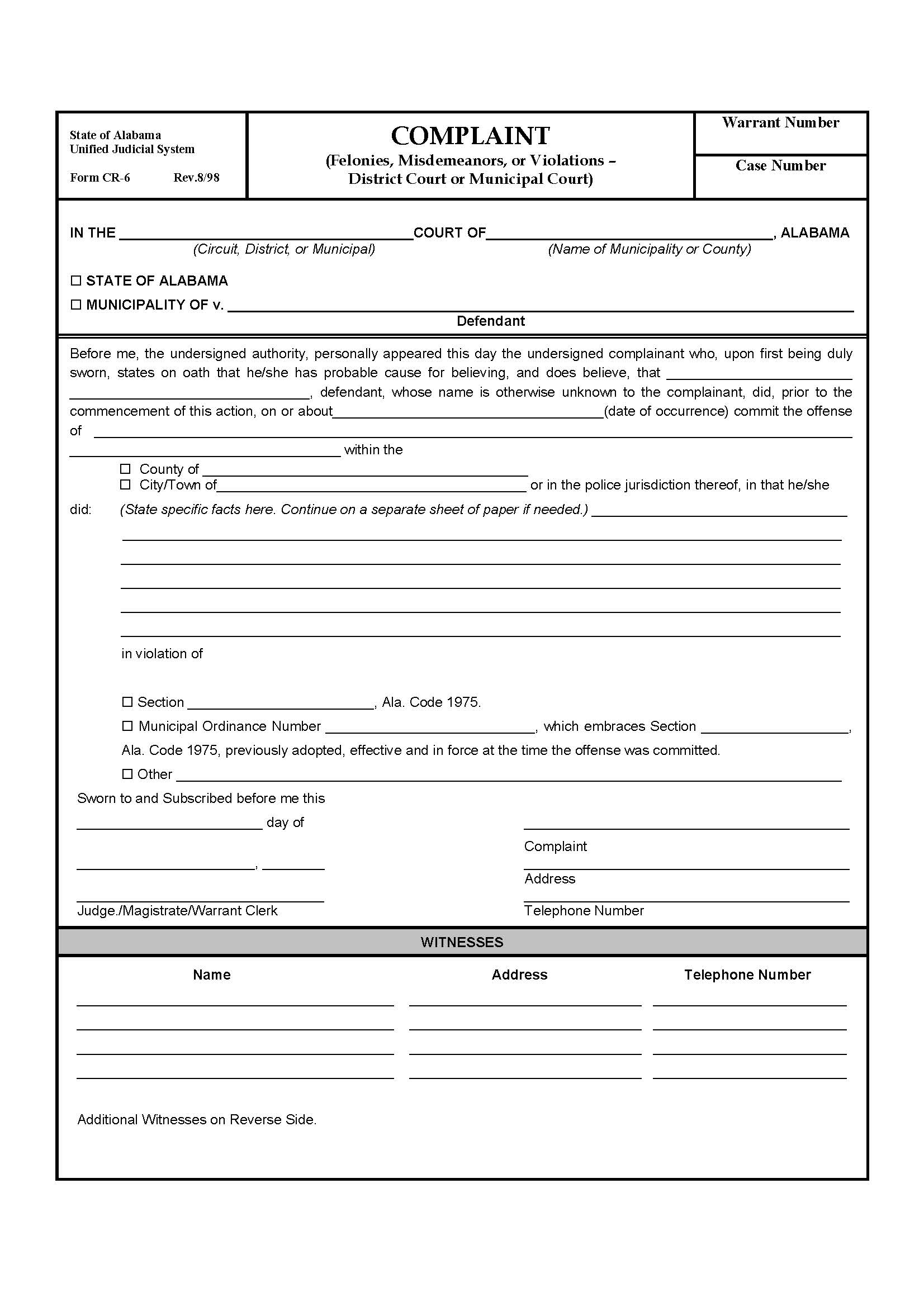 Complaint (Felonies Misdemeanors Or Violations - District Court Or Municipal Court) {CR-06} | Pdf Fpdf Doc Docx | Alabama