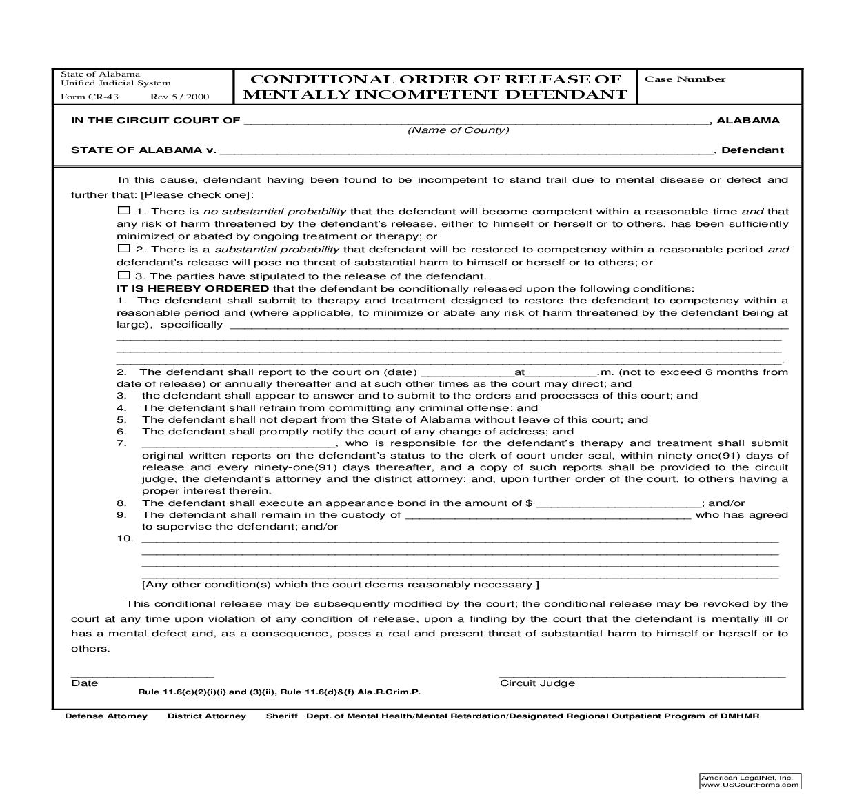 Conditional Order Of Release Of Mentally Incompetent Defendant {CR-43} | Pdf Fpdf Doc Docx | Alabama